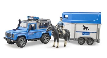 Bruder 2588 Policajný Land Rover Defender, príves pre kone, kôň a policajt