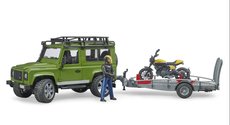 Bruder 2589 Land Rover Defender s prvesom, motocyklom Ducati a vodiom